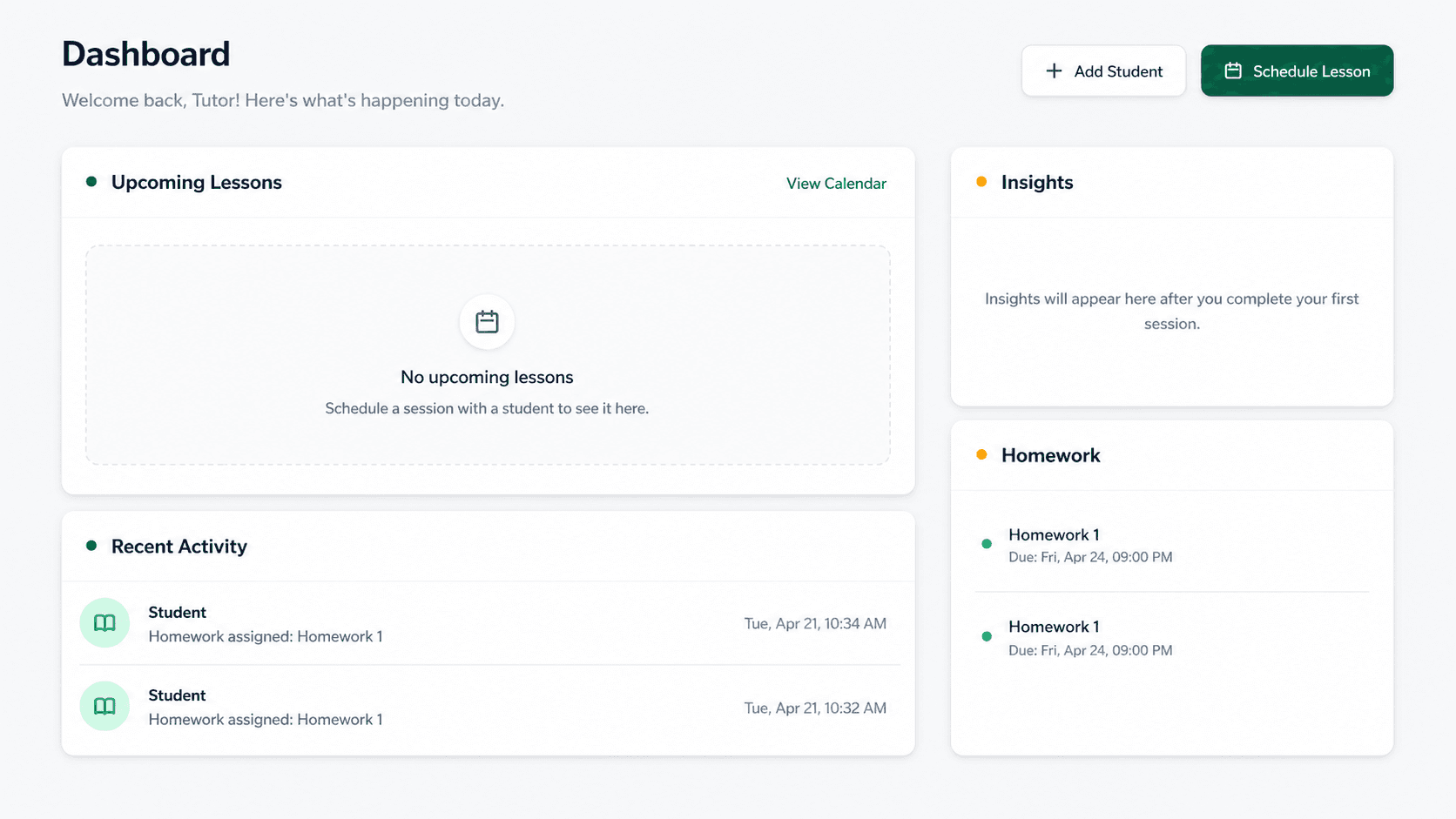 TutorFlow dashboard showing upcoming lessons, recent activity, insights, and homework